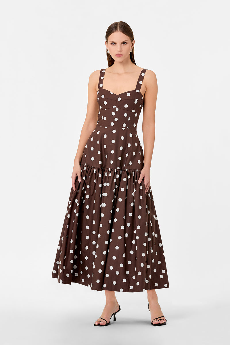 paper heart brown polka dot dress VALERIA It features a modern Genevrielle Navy Bodycon Strapless Color:#50-Champagne Anaya Ruffled Dresses