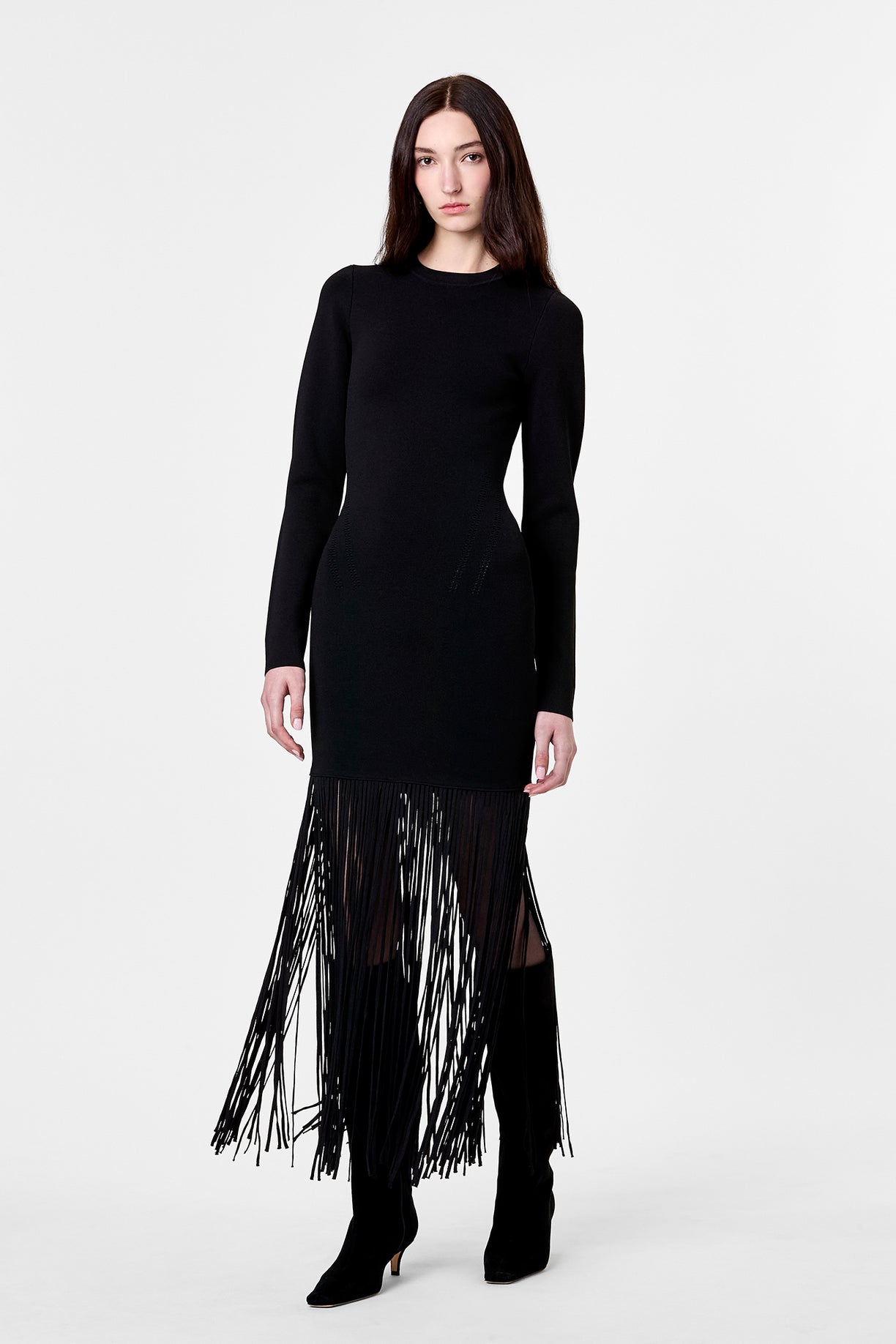 black long sleeve fringe dress Black Fringe Cut Out Lace Up Back Long Sleeves Dress
