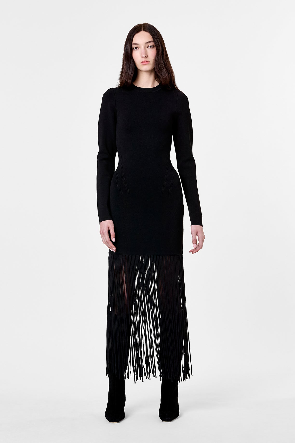 black fringe long sleeve dress Beaded Black Fringe Long Sleeve Party Dress
