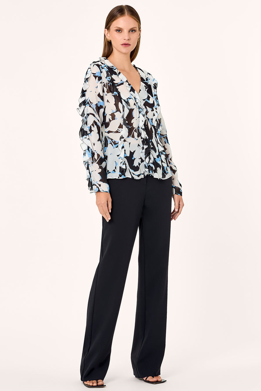 Amira Ruffle Top - Black Blur Print