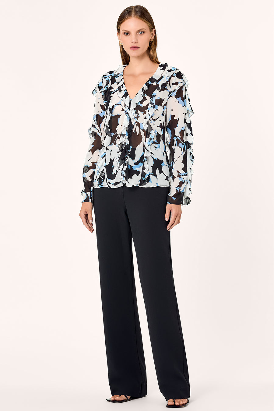 Amira Ruffle Top - Black Blur Print