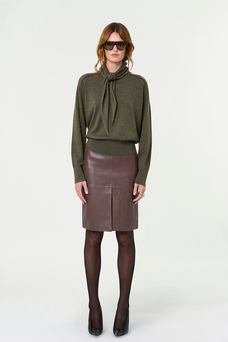 VEDA TIE NECK SWEATER - OLIVE